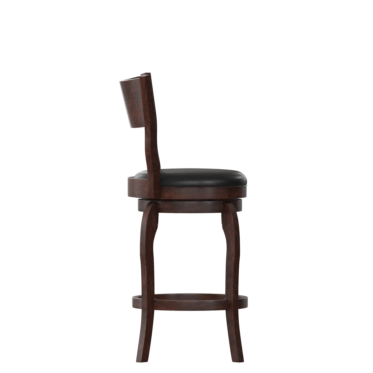 Black Vinyl/Espresso Frame |#| 24inch Open Back Wooden Swivel Stool - Padded Seat-Espresso/Black Faux Leather