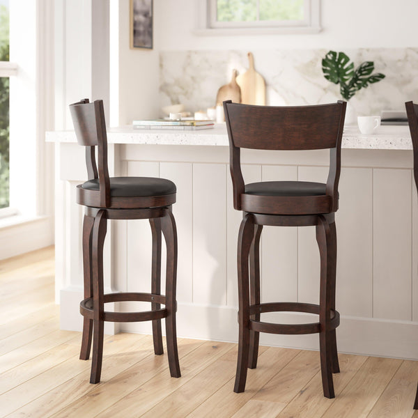 Black Vinyl/Espresso Frame |#| 30inch Open Back Wooden Swivel Stool - Padded Seat-Espresso/Black Faux Leather