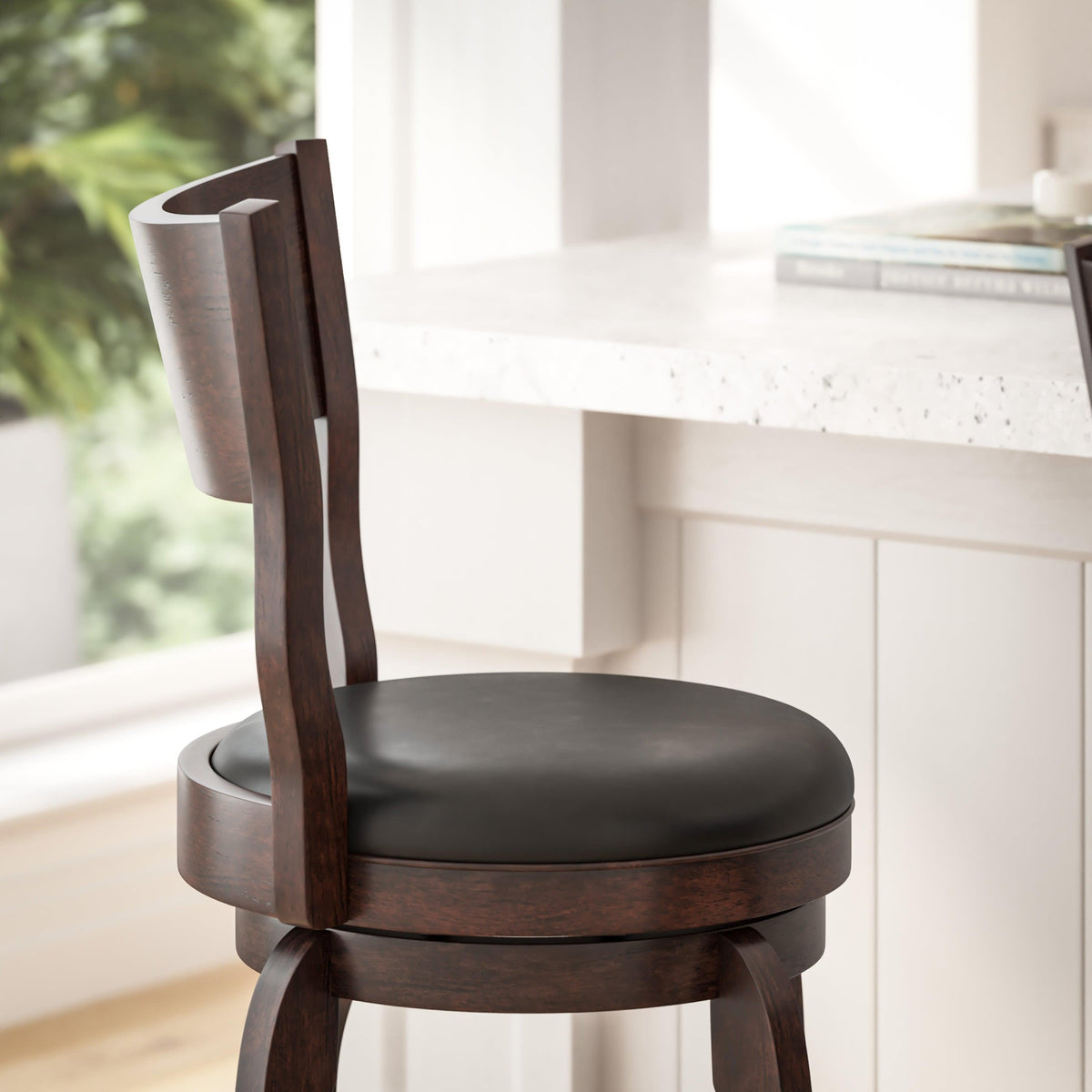 Black Vinyl/Espresso Frame |#| 30inch Open Back Wooden Swivel Stool - Padded Seat-Espresso/Black Faux Leather