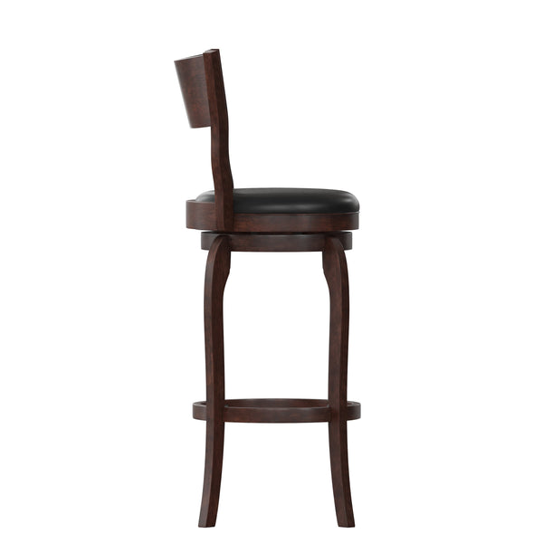 Black Vinyl/Espresso Frame |#| 30inch Open Back Wooden Swivel Stool - Padded Seat-Espresso/Black Faux Leather