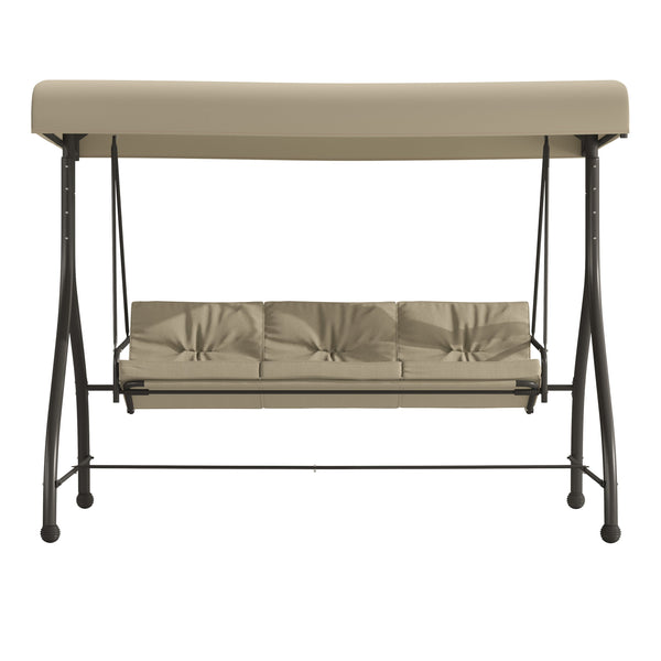 Tan |#| 3-Seat Outdoor Steel Converting Patio Swing and Bed Canopy Hammock in Tan