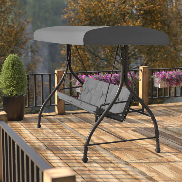 Gray |#| 3-Seat Outdoor Steel Converting Patio Swing and Bed Canopy Hammock in Gray