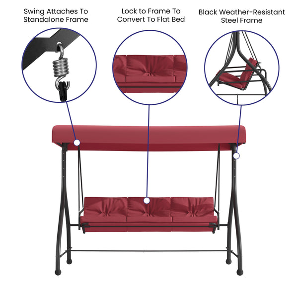 Maroon |#| 3-Seat Outdoor Steel Converting Patio Swing and Bed Canopy Hammock in Maroon