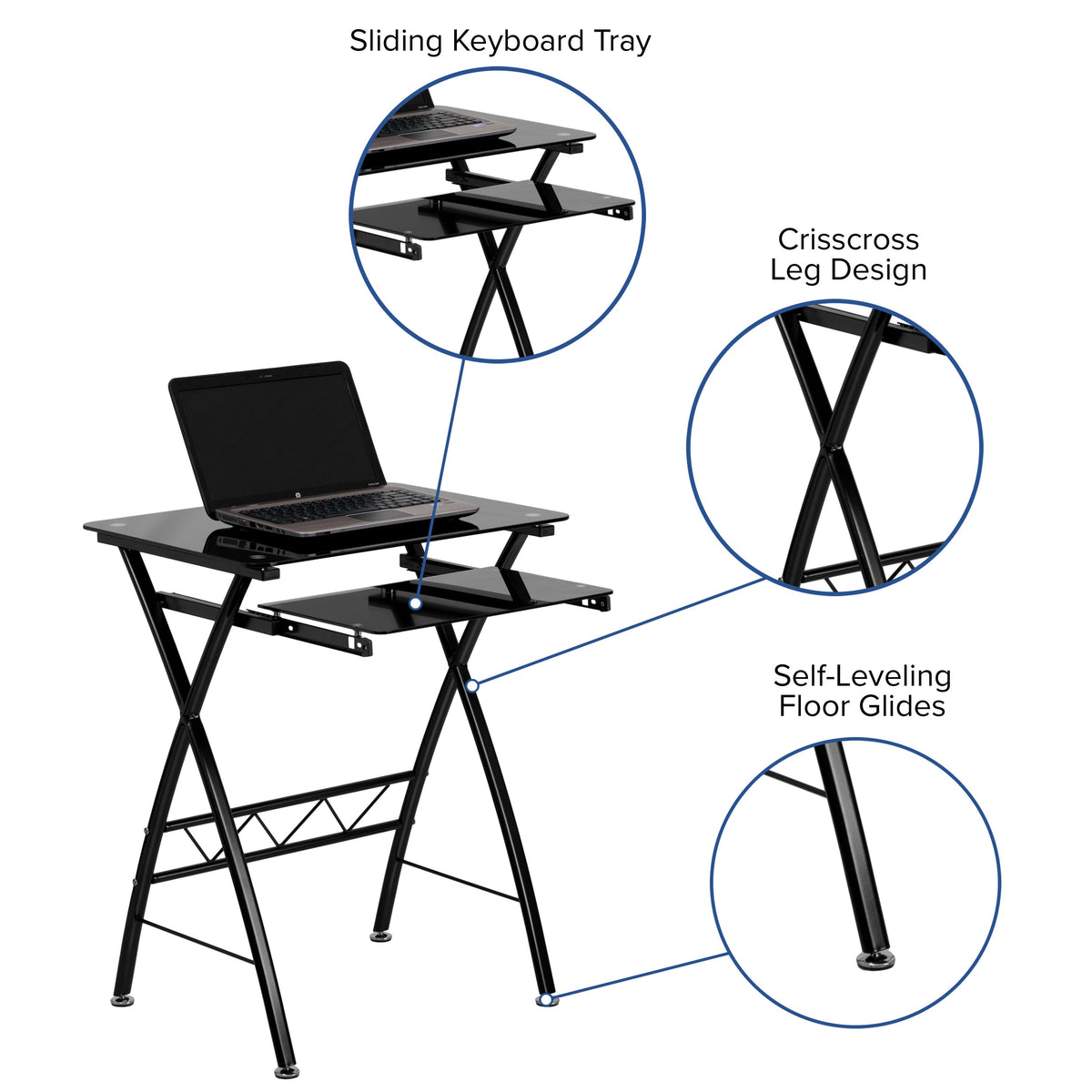 Black Tempered Glass Computer Desk with Pull-Out Keyboard Tray