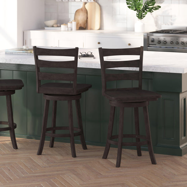 Gray Wash Walnut |#| Commercial Gray Wash Walnut Wood Ladderback Swivel Counter Stool with Footrest