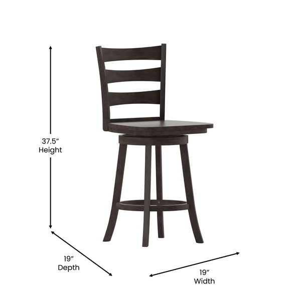 Gray Wash Walnut |#| Commercial Gray Wash Walnut Wood Ladderback Swivel Counter Stool with Footrest