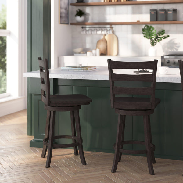 Gray Wash Walnut |#| Commercial Gray Wash Walnut Wood Ladderback Swivel Counter Stool with Footrest