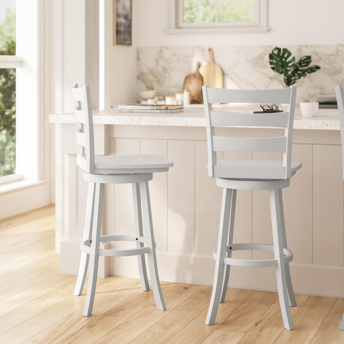 White Wash |#| Commercial Antique White Wash Wood Ladderback Swivel Bar Stool with Footrest