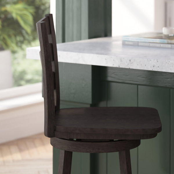 Gray Wash Walnut |#| Commercial Gray Wash Walnut Wood Ladderback Swivel Counter Stool with Footrest