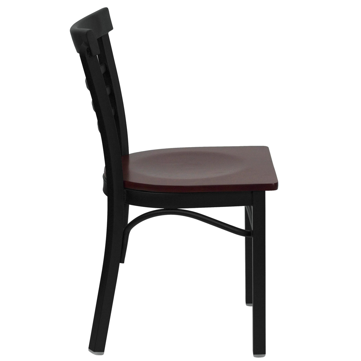 Mahogany Wood Seat/Black Metal Frame |#| Black Three-Slat Ladder Back Metal Restaurant Chair - Mahogany Wood Seat
