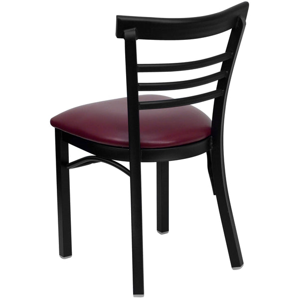 Burgundy Vinyl Seat/Black Metal Frame |#| Black Three-Slat Ladder Back Metal Restaurant Chair - Burgundy Vinyl Seat