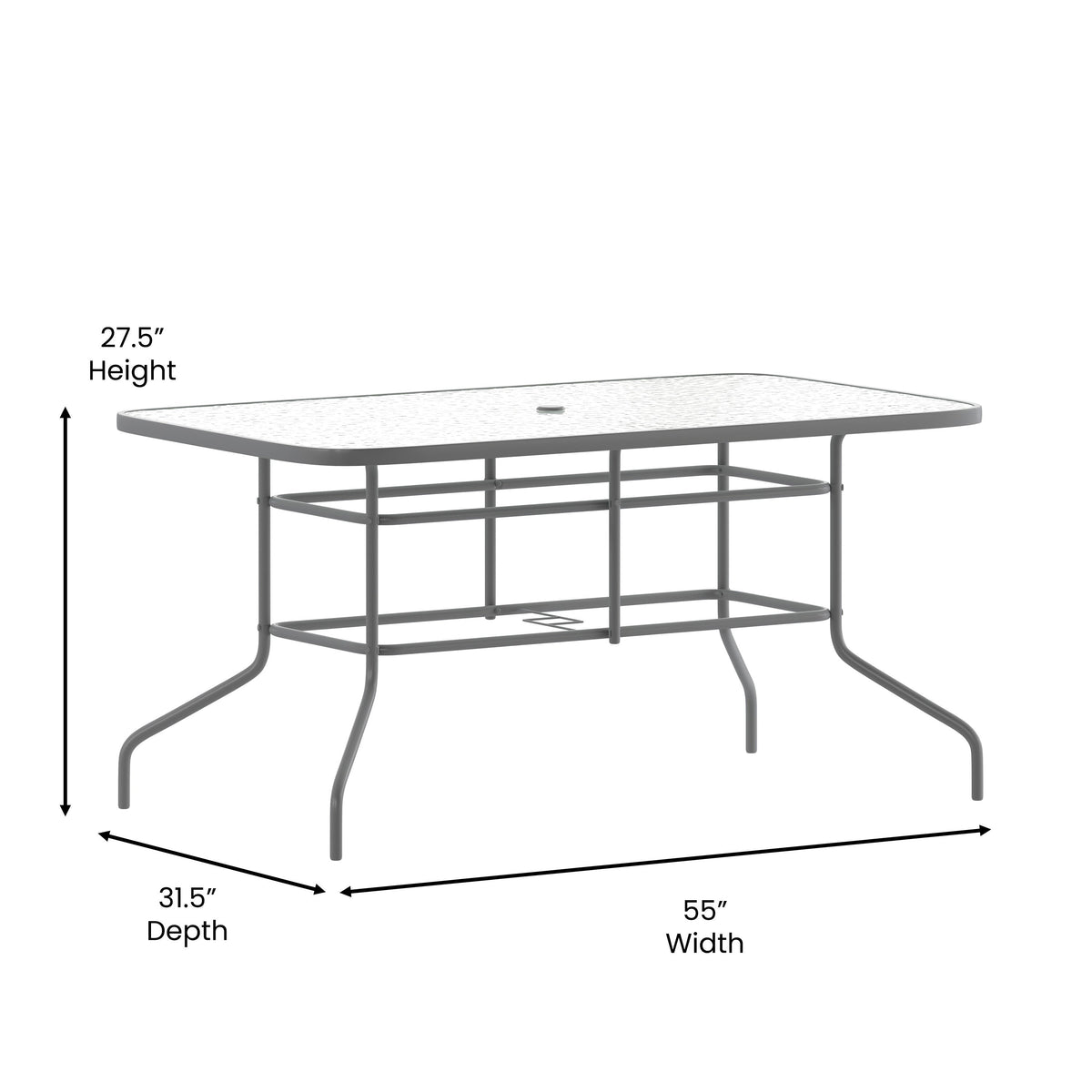 Clear Top/Silver Frame |#| 31.5" x 55" Rectangular Tempered Glass Metal Table with Umbrella Hole - Silver