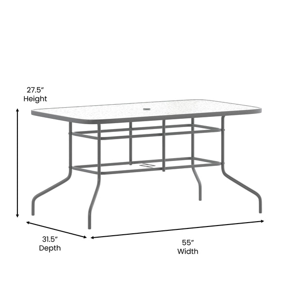 Clear Top/Silver Frame |#| 31.5" x 55" Rectangular Tempered Glass Metal Table with Umbrella Hole - Silver