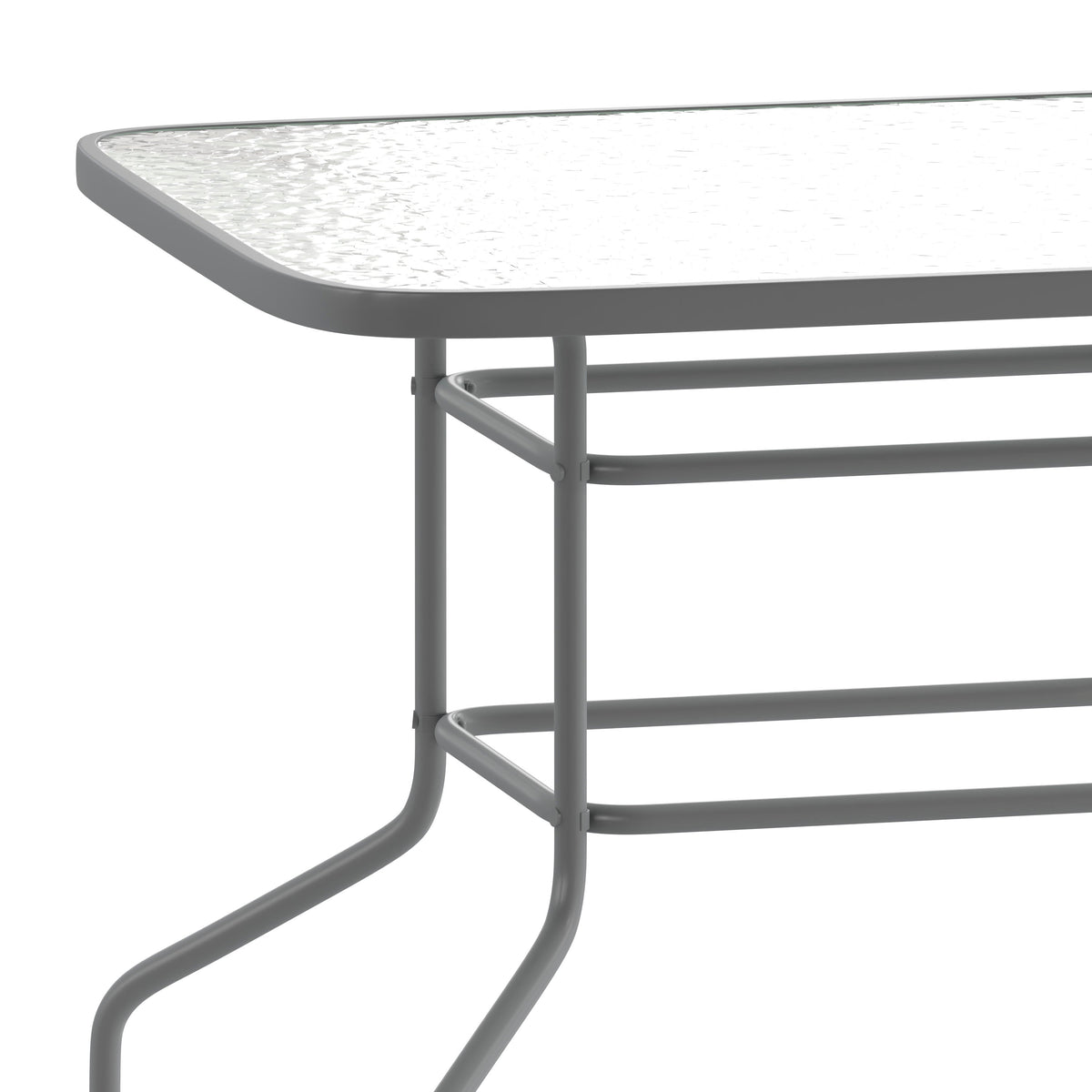 Clear Top/Silver Frame |#| 31.5" x 55" Rectangular Tempered Glass Metal Table with Umbrella Hole - Silver