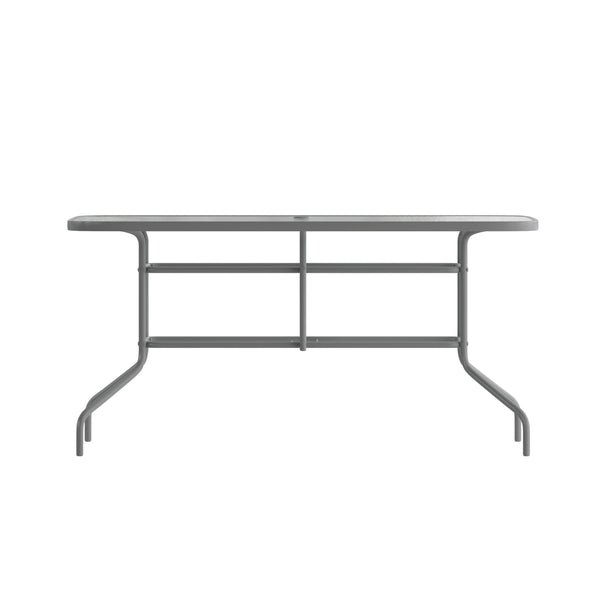 Clear Top/Silver Frame |#| 31.5" x 55" Rectangular Tempered Glass Metal Table with Umbrella Hole - Silver