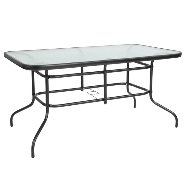 Clear Top/Black Frame |#| 31.5" x 55" Rectangular Tempered Glass Metal Table with Umbrella Hole