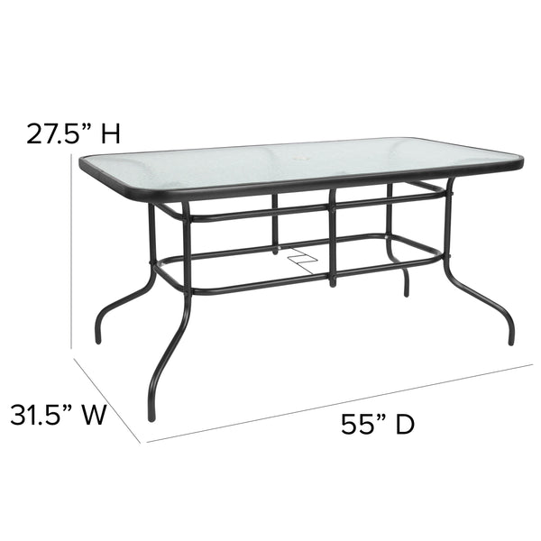 Clear Top/Black Frame |#| 31.5" x 55" Rectangular Tempered Glass Metal Table with Umbrella Hole