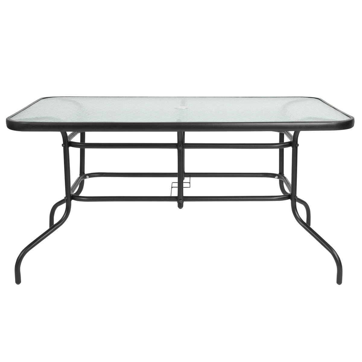 Clear Top/Black Frame |#| 31.5" x 55" Rectangular Tempered Glass Metal Table with Umbrella Hole