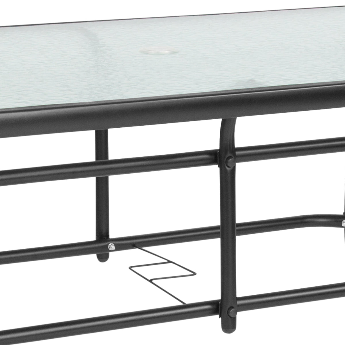 Clear Top/Black Frame |#| 31.5" x 55" Rectangular Tempered Glass Metal Table with Umbrella Hole