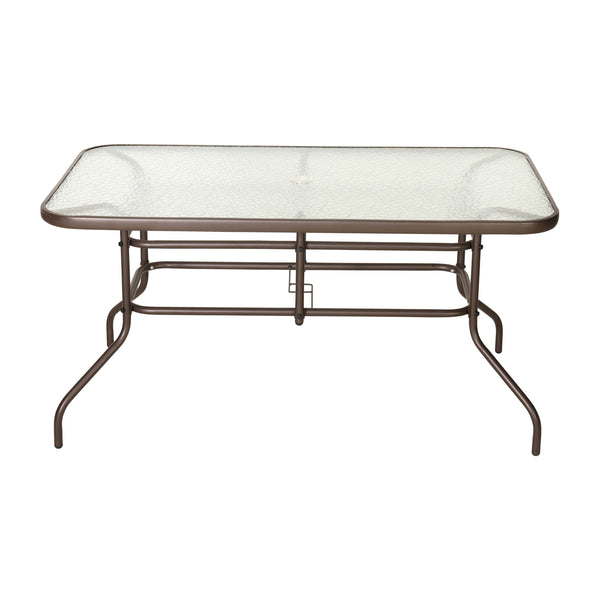 Clear Top/Bronze Frame |#| 31.5" x 55" Rectangular Tempered Glass Metal Table with Umbrella Hole - Bronze