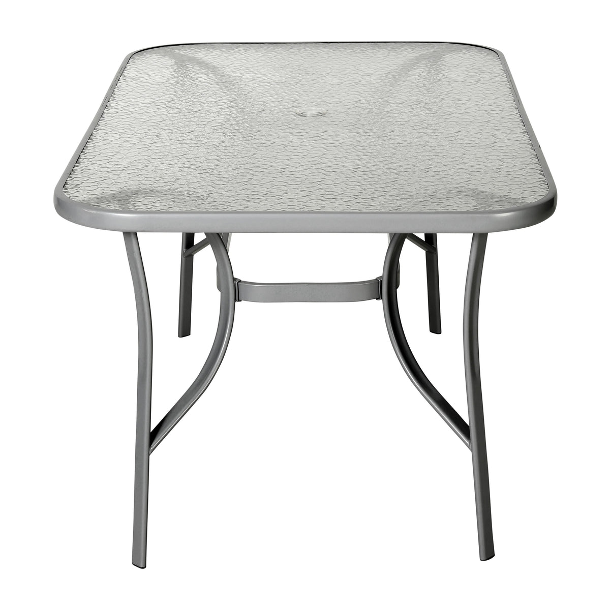 Clear Top/Silver Frame |#| Commercial 35x59 Tempered Glass and Steel Patio Table with Umbrella Hole-Silver