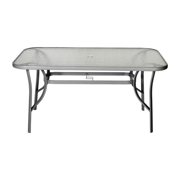 Clear Top/Silver Frame |#| Commercial 35x59 Tempered Glass and Steel Patio Table with Umbrella Hole-Silver