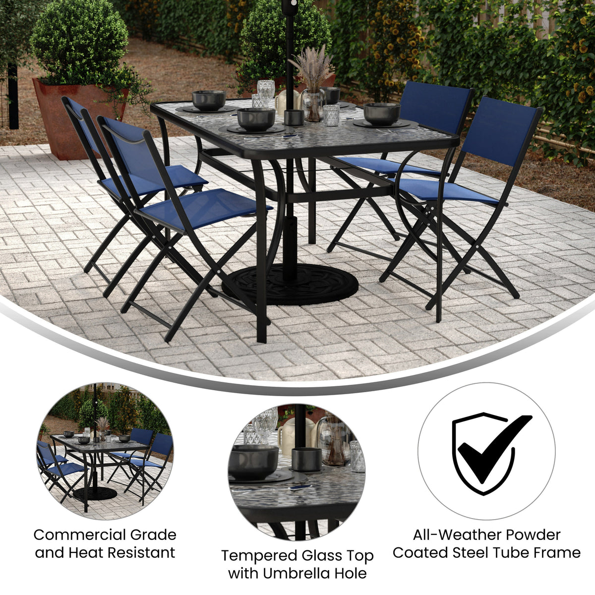 Clear Top/Black Frame |#| Commercial 35x59 Tempered Glass and Steel Patio Table with Umbrella Hole-Black