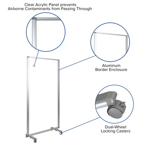 Transparent Acrylic Mobile Partition with Lockable Casters, 72inchH x 36inchL