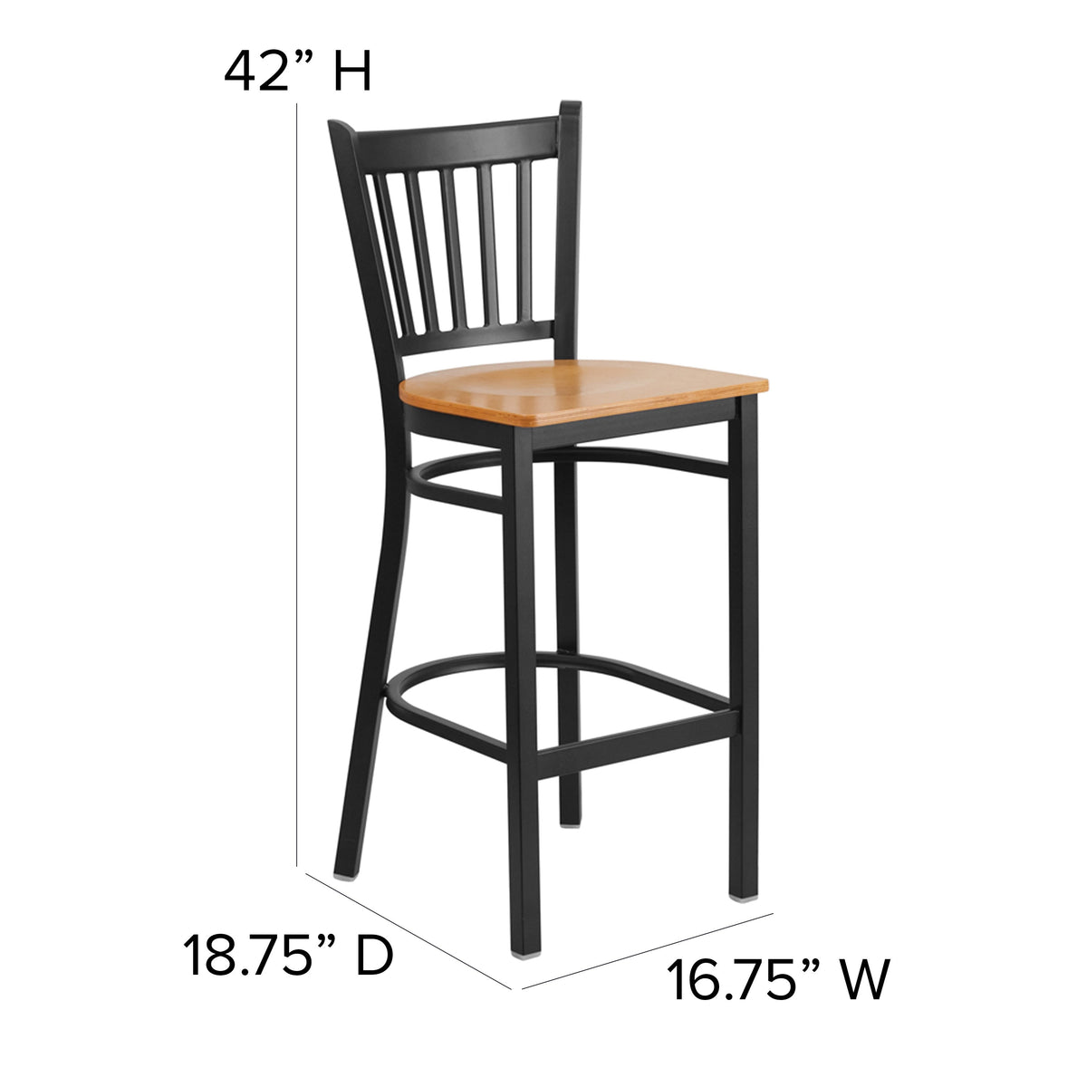 Natural Wood Seat/Black Metal Frame |#| Black Vertical Back Metal Restaurant Barstool - Natural Wood Seat