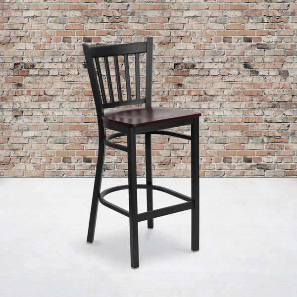 Mahogany Wood Seat/Black Metal Frame |#| Black Vertical Back Metal Restaurant Barstool - Mahogany Wood Seat