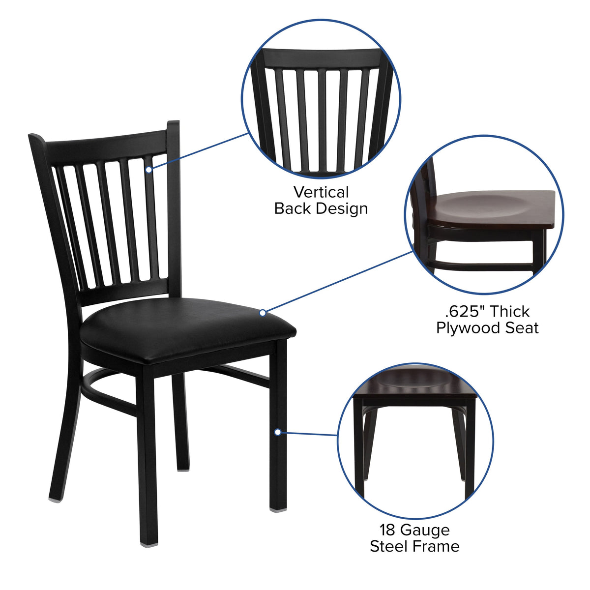 Walnut Wood Seat/Black Metal Frame |#| Black Vertical Back Metal Restaurant Chair - Walnut Wood Seat