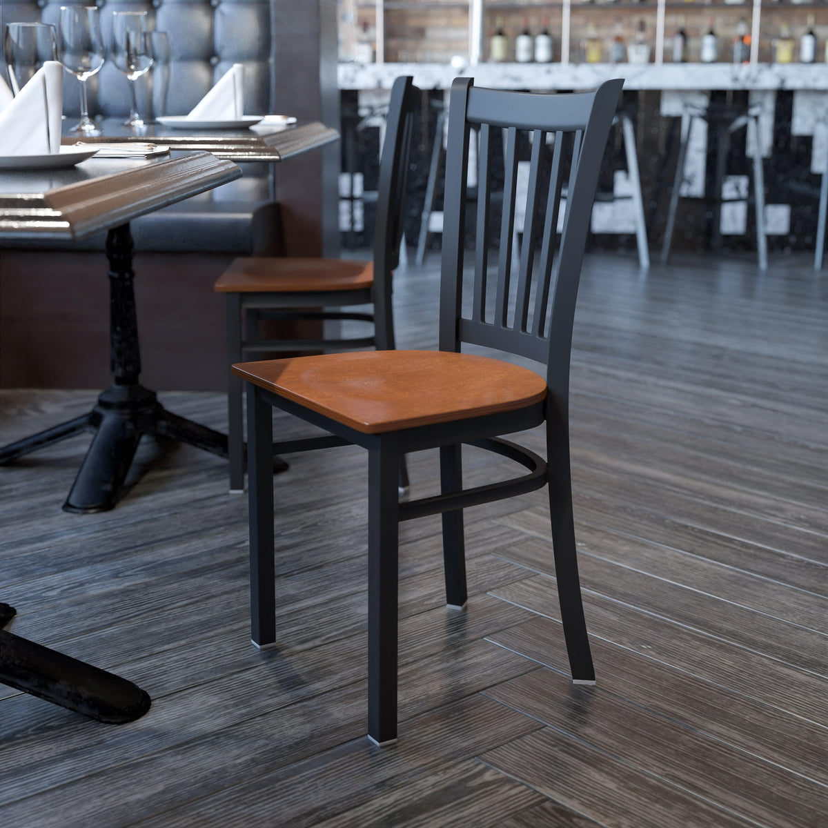 Cherry Wood Seat/Black Metal Frame |#| Black Vertical Back Metal Restaurant Chair - Cherry Wood Seat