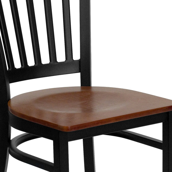 Cherry Wood Seat/Black Metal Frame |#| Black Vertical Back Metal Restaurant Chair - Cherry Wood Seat