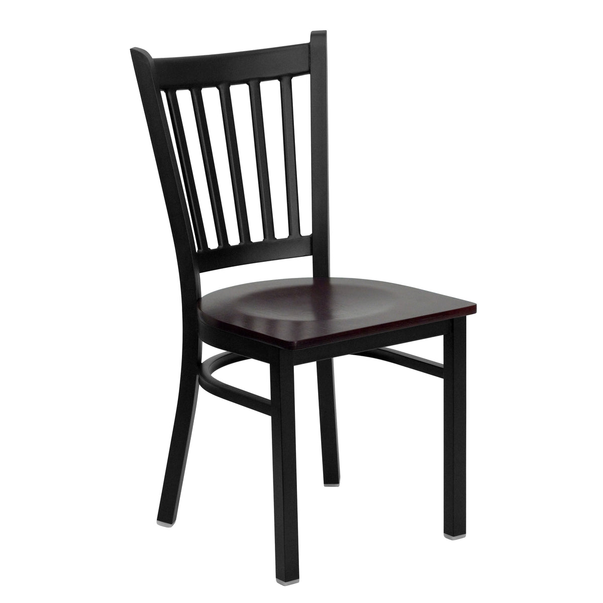Mahogany Wood Seat/Black Metal Frame |#| Black Vertical Back Metal Restaurant Chair - Mahogany Wood Seat