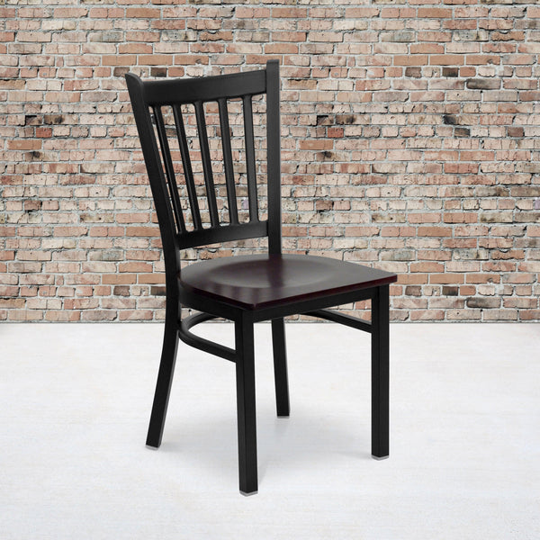 Mahogany Wood Seat/Black Metal Frame |#| Black Vertical Back Metal Restaurant Chair - Mahogany Wood Seat