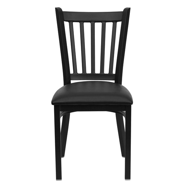 Black Vinyl Seat/Black Metal Frame |#| Black Vertical Back Metal Restaurant Chair - Black Vinyl Seat