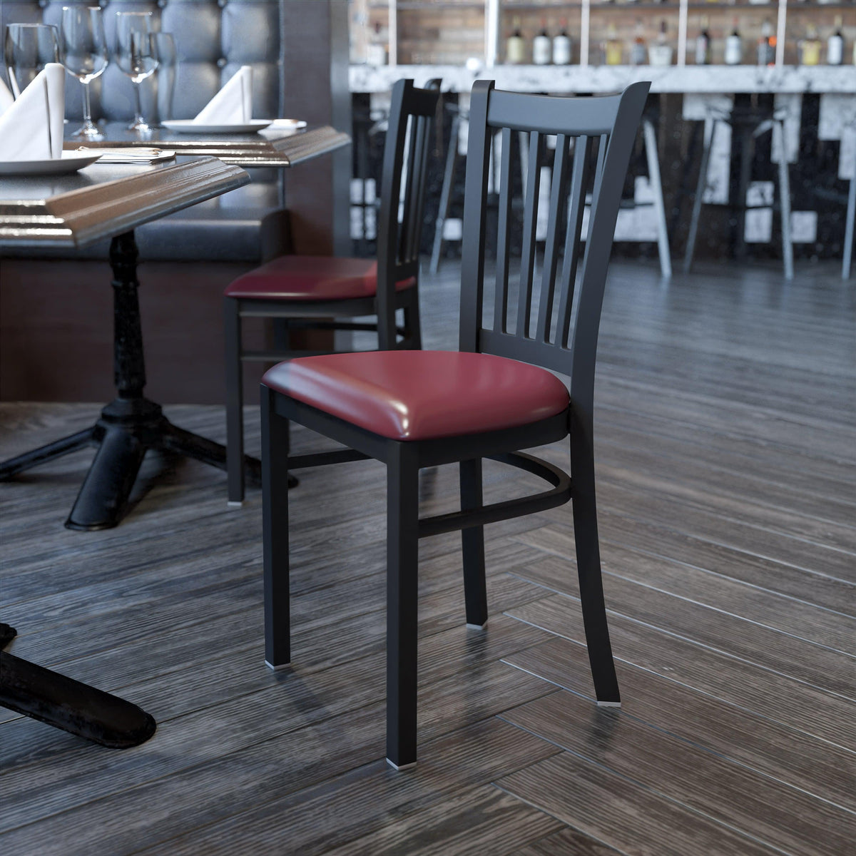 Burgundy Vinyl Seat/Black Metal Frame |#| Black Vertical Back Metal Restaurant Chair - Burgundy Vinyl Seat