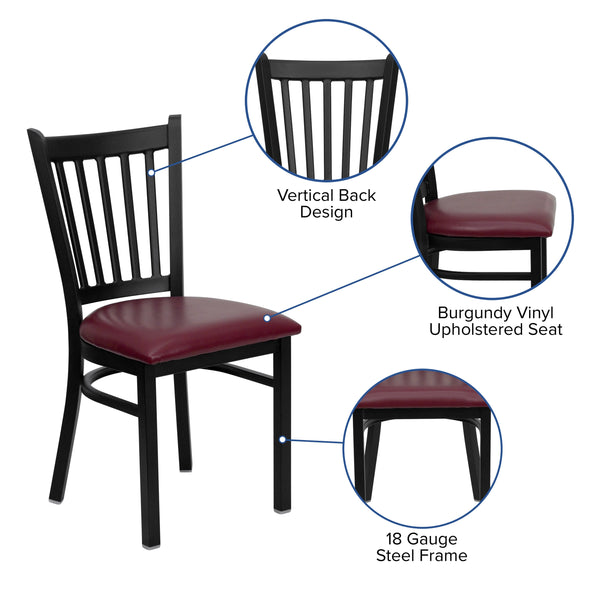 Burgundy Vinyl Seat/Black Metal Frame |#| Black Vertical Back Metal Restaurant Chair - Burgundy Vinyl Seat