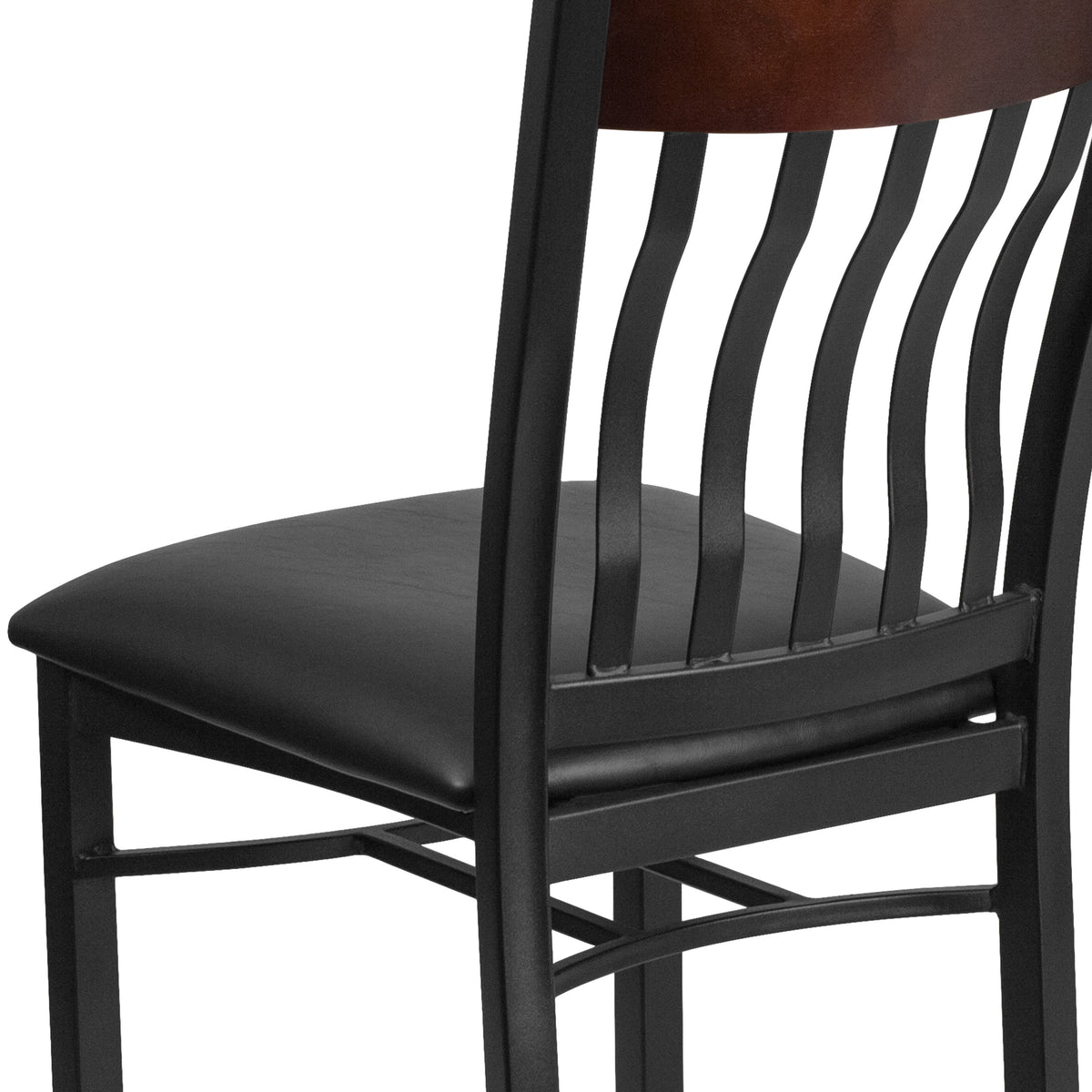 Walnut |#| Vertical Back Black Metal and Walnut Wood Restaurant Chair with Black Vinyl Seat