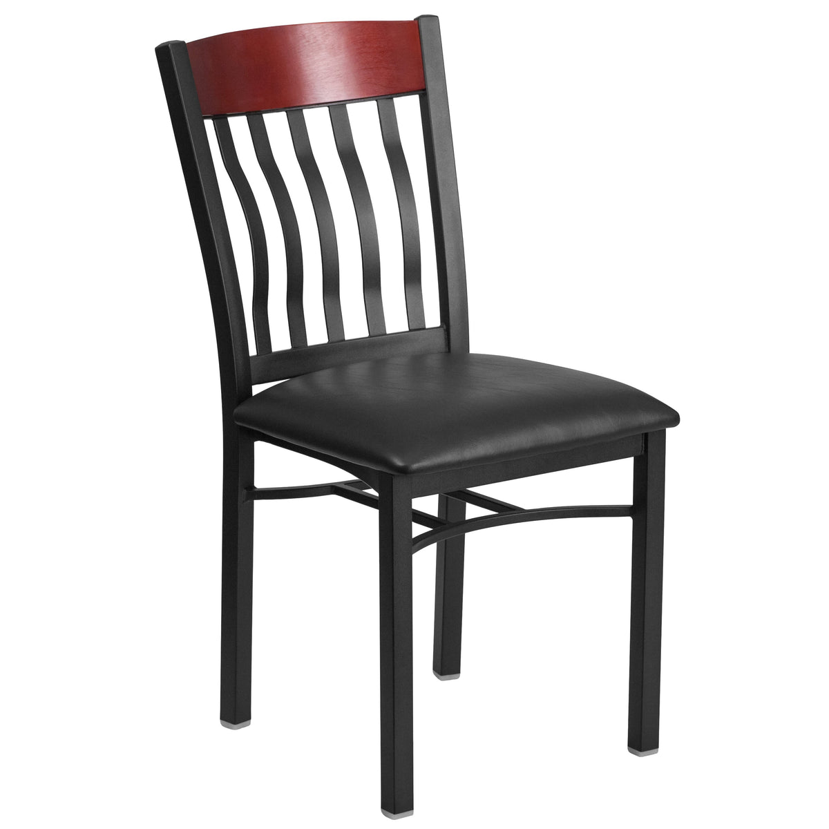 Mahogany |#| Vertical Back Black Metal & Mahogany Wood Restaurant Chair with Black Vinyl Seat