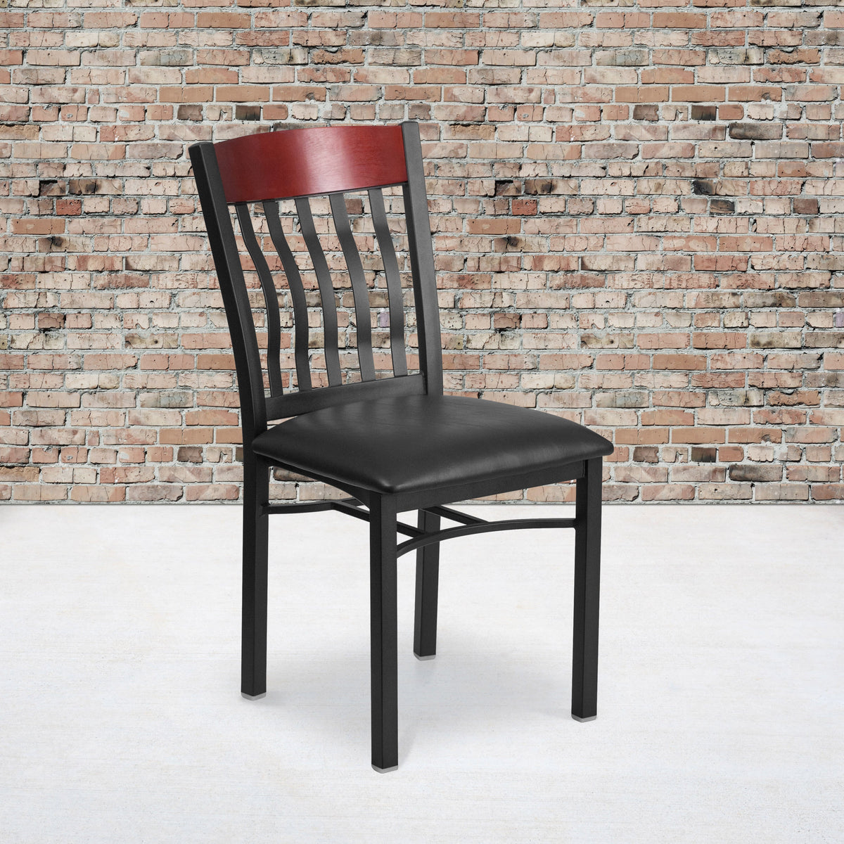 Mahogany |#| Vertical Back Black Metal & Mahogany Wood Restaurant Chair with Black Vinyl Seat