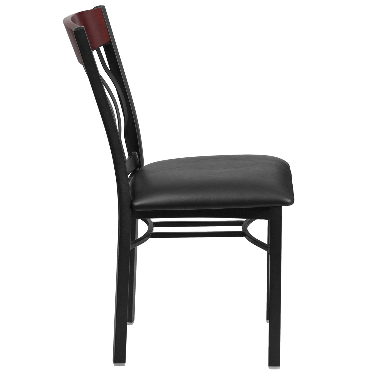 Mahogany |#| Vertical Back Black Metal & Mahogany Wood Restaurant Chair with Black Vinyl Seat