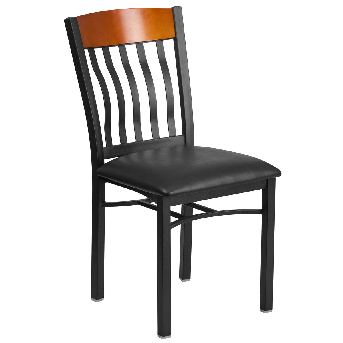 Cherry |#| Vertical Back Black Metal & Cherry Wood Restaurant Chair w/ Black Vinyl Seat