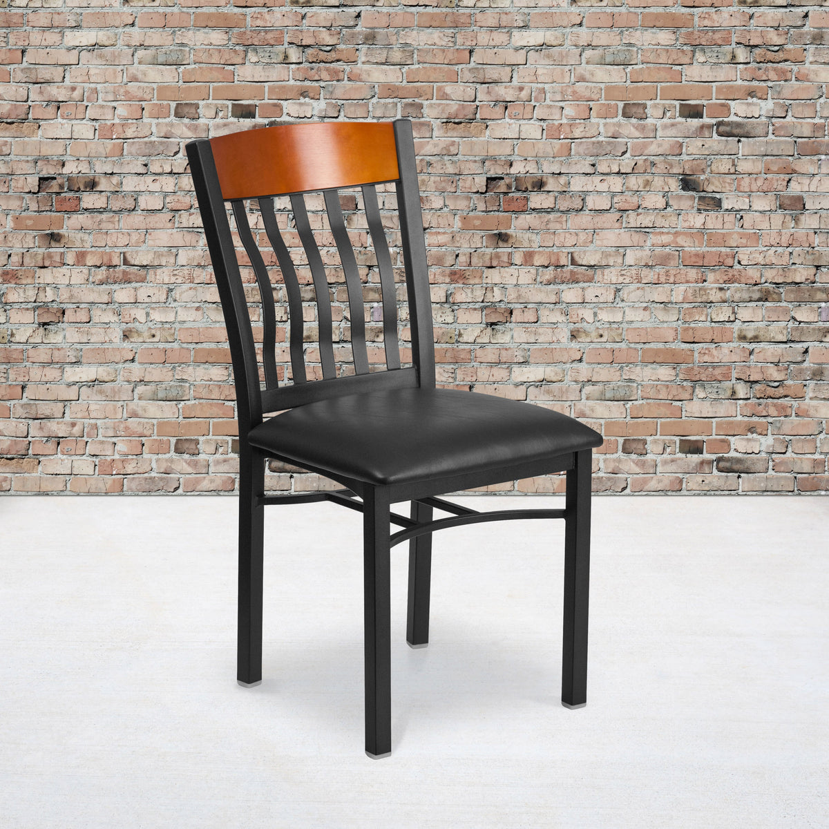 Cherry |#| Vertical Back Black Metal & Cherry Wood Restaurant Chair w/ Black Vinyl Seat