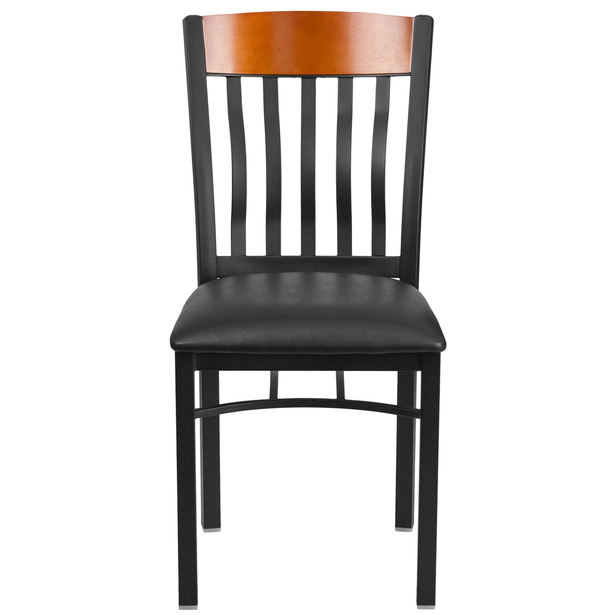 Cherry |#| Vertical Back Black Metal & Cherry Wood Restaurant Chair w/ Black Vinyl Seat