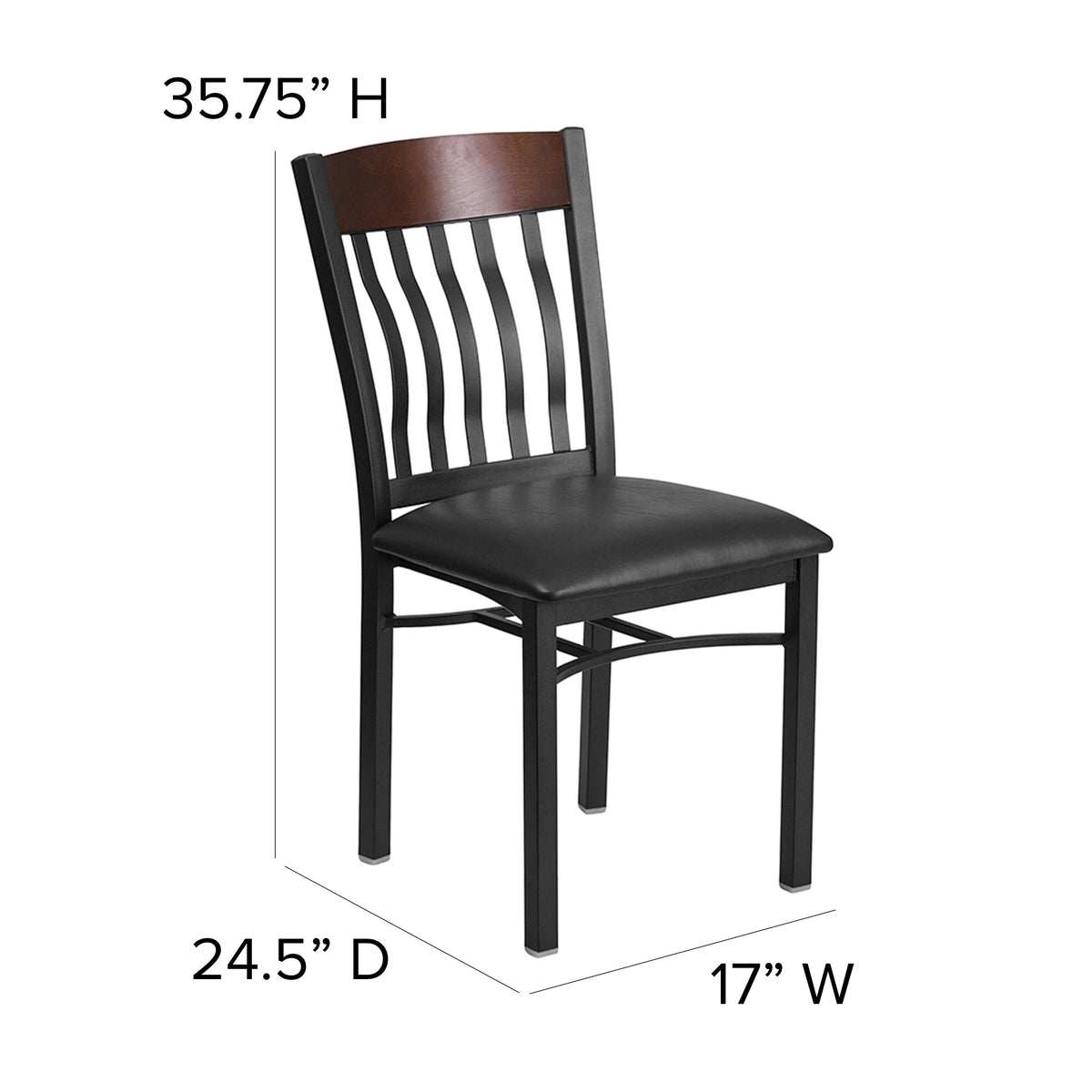 Walnut |#| Vertical Back Black Metal and Walnut Wood Restaurant Chair with Black Vinyl Seat