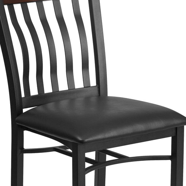 Walnut |#| Vertical Back Black Metal and Walnut Wood Restaurant Chair with Black Vinyl Seat