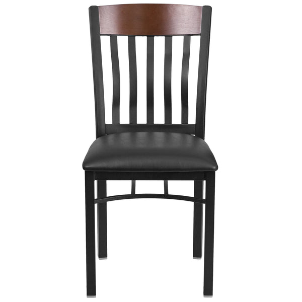 Walnut |#| Vertical Back Black Metal and Walnut Wood Restaurant Chair with Black Vinyl Seat