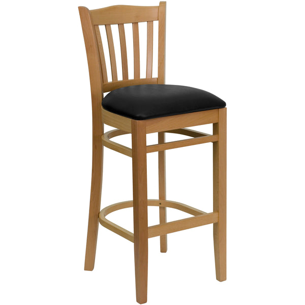 Black Vinyl Seat/Natural Wood Frame |#| Vertical Slat Back Natural Wood Restaurant Barstool - Black Vinyl Seat