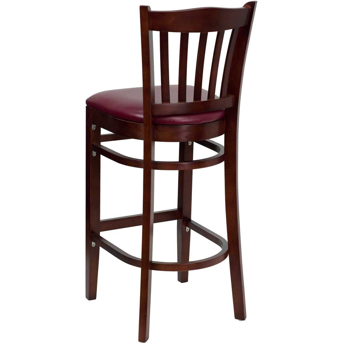 Burgundy Vinyl Seat/Mahogany Wood Frame |#| Vertical Slat Back Mahogany Wood Restaurant Barstool - Burgundy Vinyl Seat